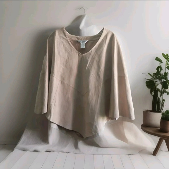 Genuine Leather satin Lined Cape Poncho Beige large Bohemian Neutral Minimalist - Picture 1 of 11